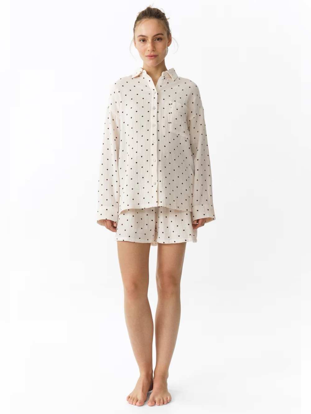 Women’s Cream Polka Dot Button-Front Pajama Set